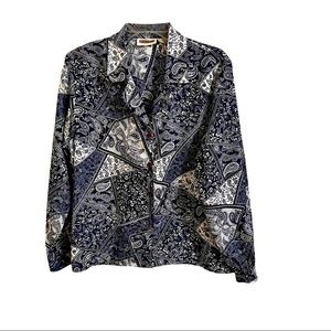 Vintage Suburbans Navy Blue Bandana Blouse Size 8 Button Up Long Sleeve